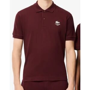 Lacoste Paris Classic Fit Signature Print Maroon Short Sleeve Polo Top Unisex XS